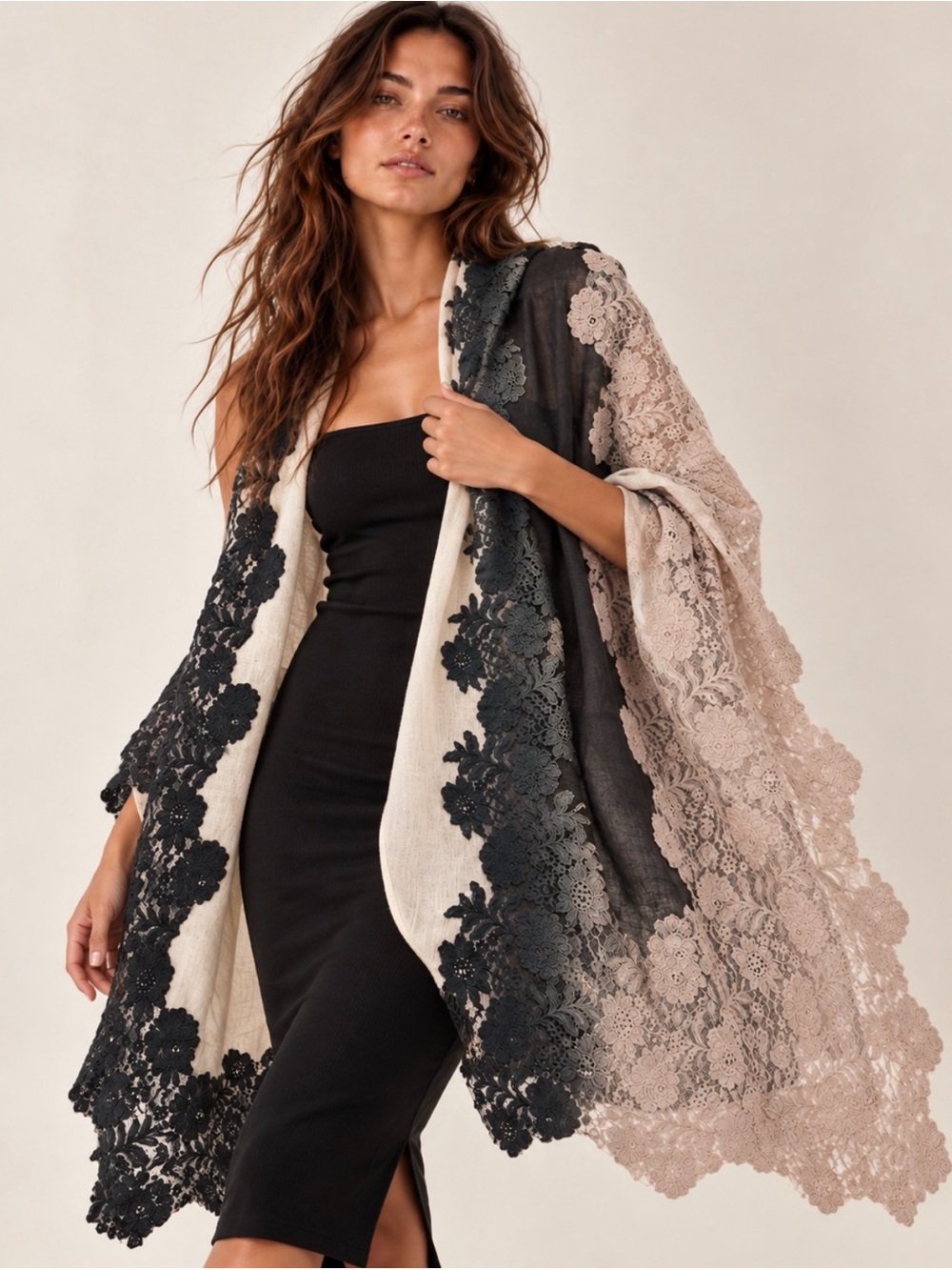 80% Cashmere 20% Silk Black Taupe Lace Ombré Pashmina Shawl Wrap ROK